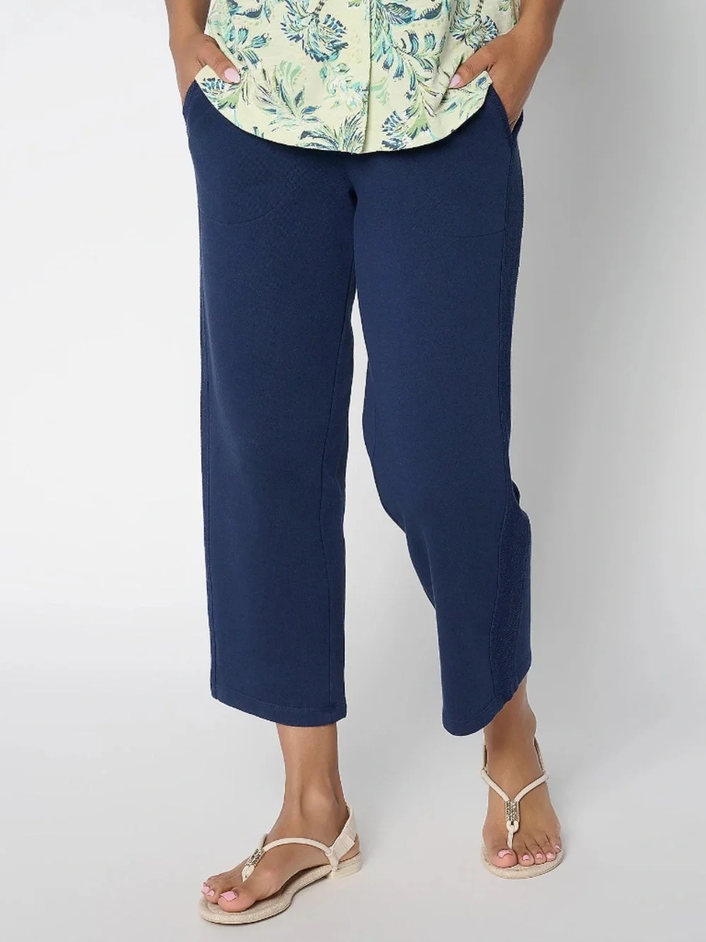 Denim & Co. Beach REG Tideline Terry Crop Pants with Pockets, Navy Sz M a725874